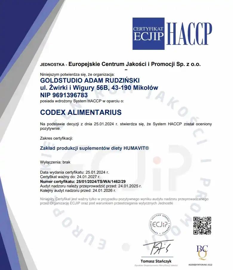 Certyfikat HACCP zakładu produkcji suplementów diety Humavit