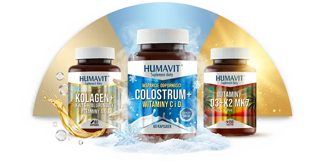 Przykładowe produkty wyprodukowane przez Humavit: kolagen, colostrum, witamina D3+K2